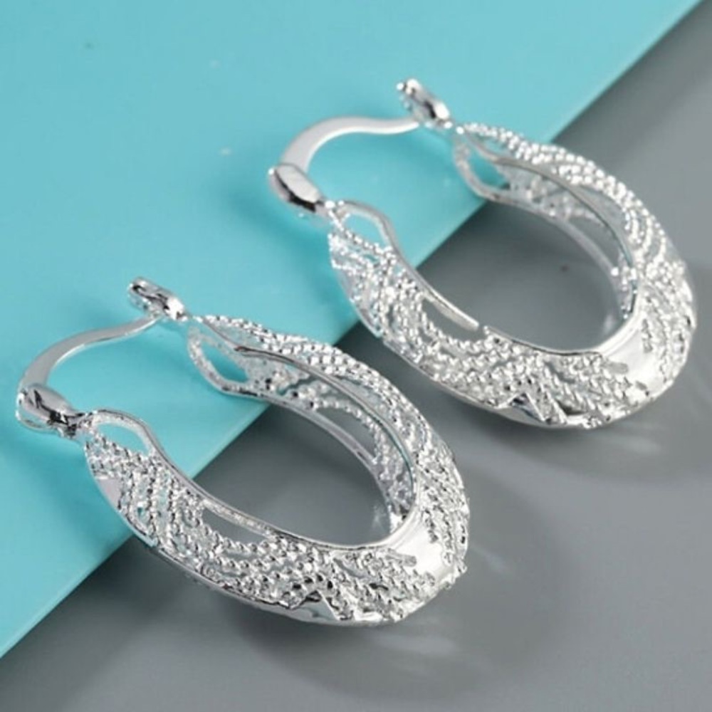 New Sterling Silver Boho Latch Back Diamond Cut Fancy Filigree Hoop Earrings - Picture 11 of 13